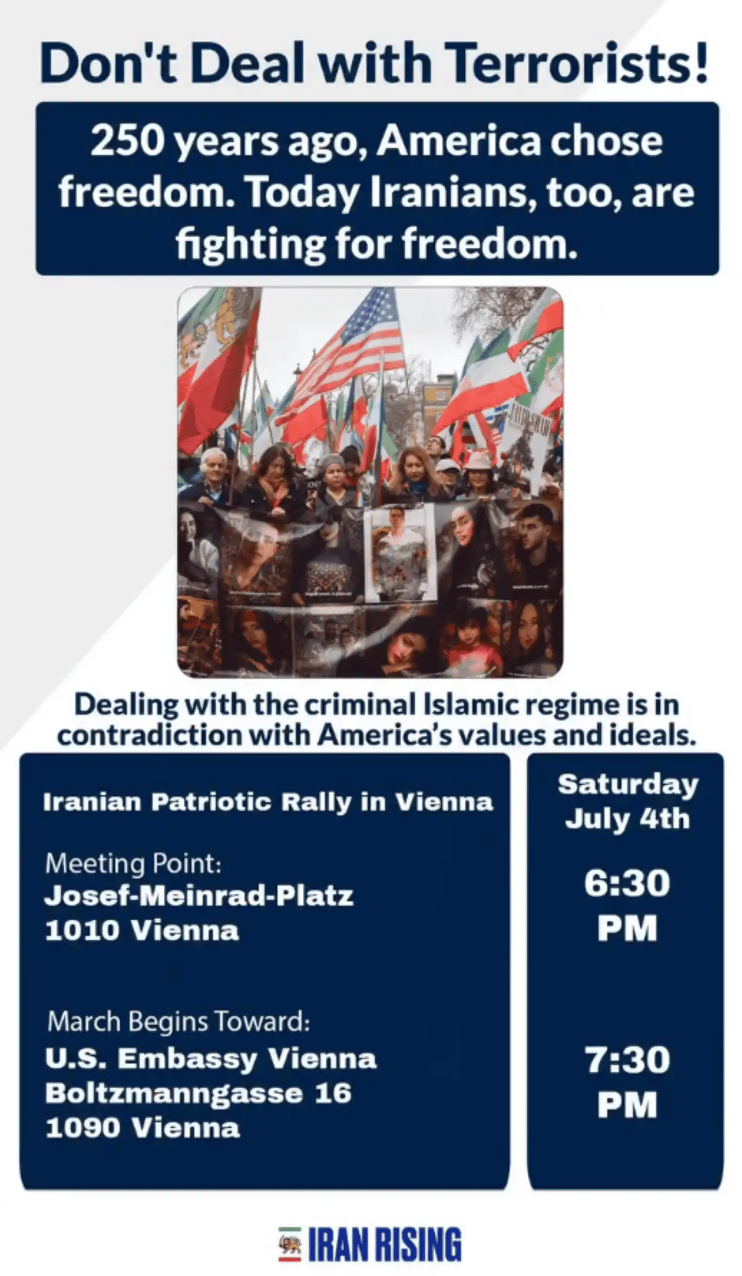 Iranische Patrioten rufen in Wien am Sa. 04.07.2026 zu Protest auf: „Macht keine Deals mit Terroristen!“