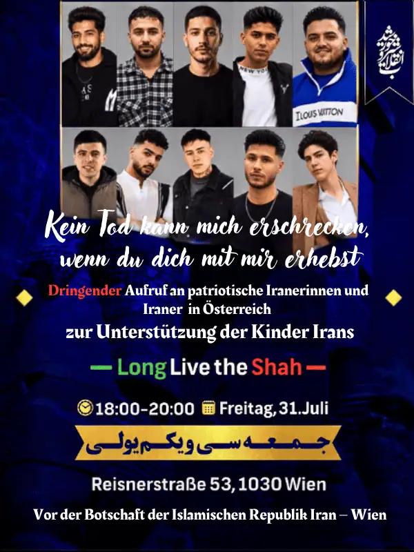 Dringende Protestkundgebung patriotischer Iranerinnen und Iraner in Österreicham 30. Juli 2026 in Wien